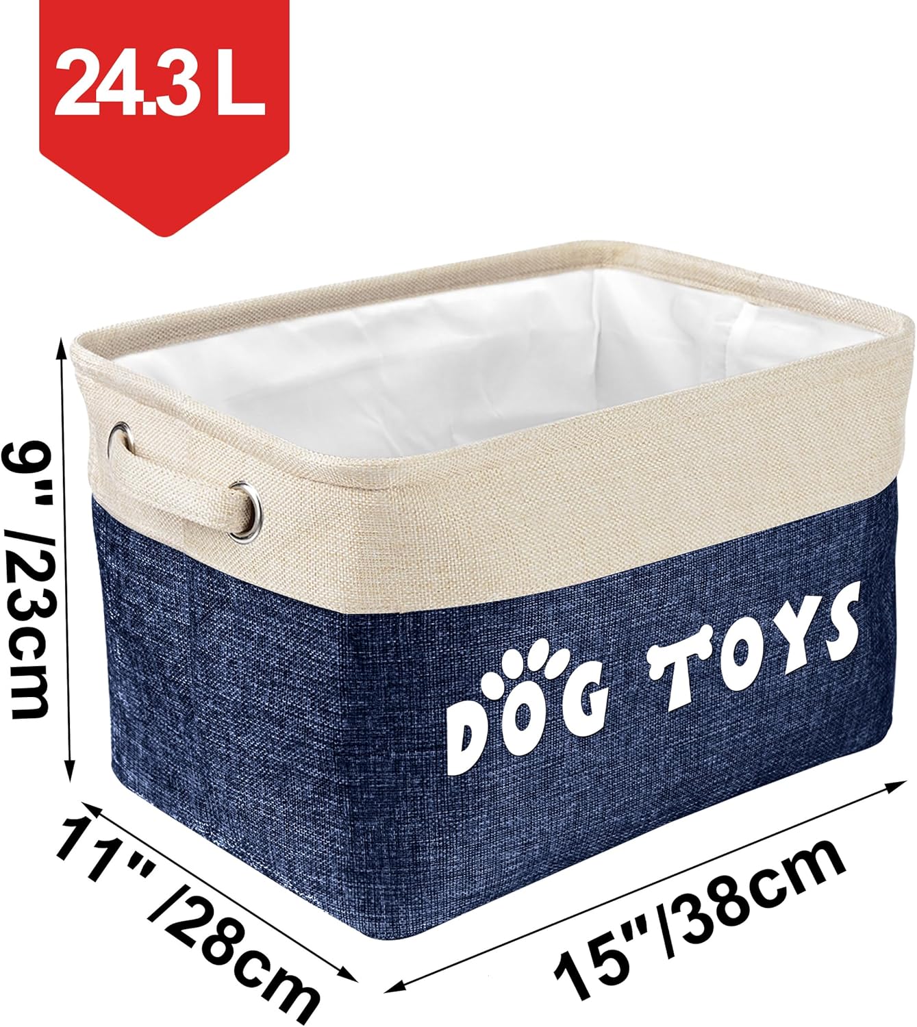 PET ARTIST Dog Toy Basket, Collapsible Dog Toy Bin Box with Comfortable Handles, Large Pet Toy Storage Basket Organizer for Accessories, Toys, Coat & Clothing, Blanket & Leash, Navy Blue, 15"x11"x9"