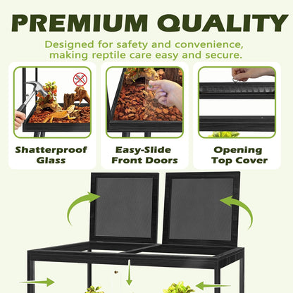 Prolee Bearded Dragon Tank with Leg,Tempered Glass Lizard Tanks and Reptile Enclosure,Up to 78 Gallon Reptile Tank with Metal Mesh and Lockable Door for Spacious Snakes and Chameleon(Black,32inch)