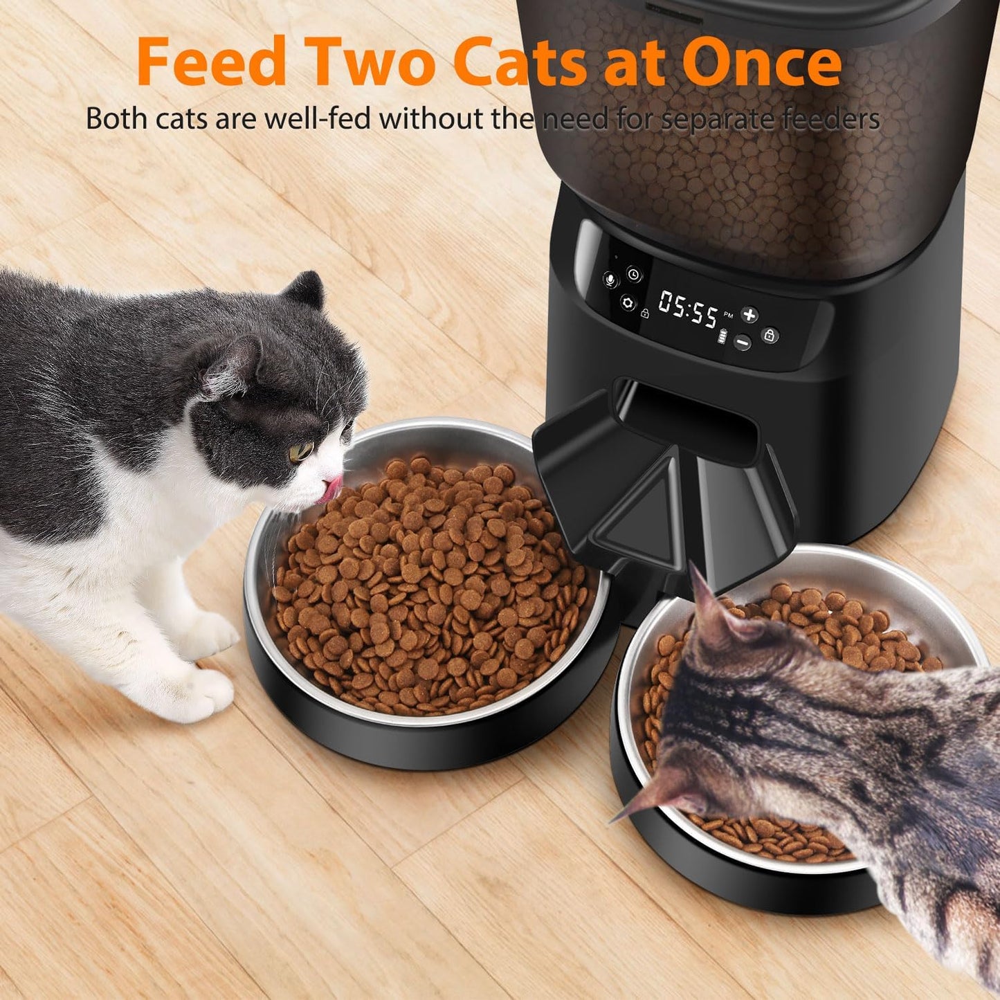 Automatic Cat Feeder and Water Fountain, 5L/20 Cups Timed Cat Dry Food Dispenser, 10s Meal Call, 20 Portions 6 Meals Per Day, 2L Cats Fountains for Drinking with Filter, Pet Feeder for Dog Black