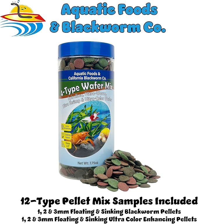 Aquatic Foods Inc. 4-Type 12mm - 1/2" Sinking Wafer Mix of Spirulina-Algae, Ultra-Worm, Shrimp, Color Enhancing for Shrimp, Snails, Crabs, Crayfish, Bottom Fish, 12-Type Pellet Mix Included...11.5oz