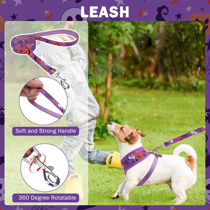 SCENEREAL Halloween Small Dog Harness Collar and Leash Set, Adjustable No Pull Pet Harnesses, No Chock Soft Mesh Step in Vest Costume for Doggie Puppy Dogs Cats Girl Boy Outdoor Walking