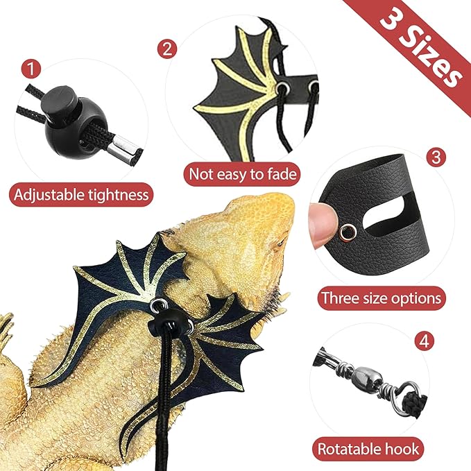 3 Sizes Bearded Dragon Harness and Leash Set with Dinosaur Wings – Adjustable Lizard Leash Harness for Reptiles,Bearded Dragons,Lizards, Geckos Tnkcter