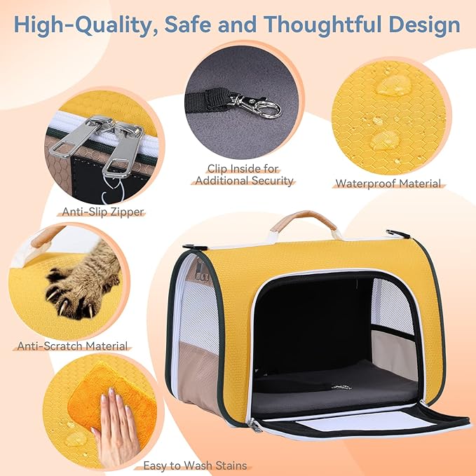 A4Pet Rabbit Carrier, Airline Approved Cat Carrier for Under 12 lbs, Soft-Sided Pet Travel Carrier Yellow, Small