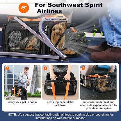 18x13.5x9 TSA Approved top and 1 Side Expandable pet Carrier for Small Dog Puppy cat up to 8 lbs Weight, for Spirit Southwest Airlines with Double Zipper Locks and 2 Pockets.