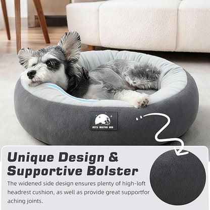 Heated Cat Bed for Small Cats, 19" Soft & Cozy Donut Pet Bed with Timer & Temp Adjustable Heating Pad for Indoor Kitten, Electric Warmer(A) (Black)