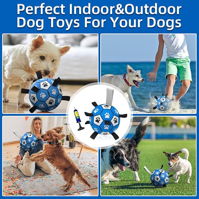 QDAN Dog Ropes Toys, Soccer Ball with Straps, Puppy Birthday Gifts, Dog Water Toy, Durable Balls for Small Medium Dogs-Blue Grey（6 Inch）