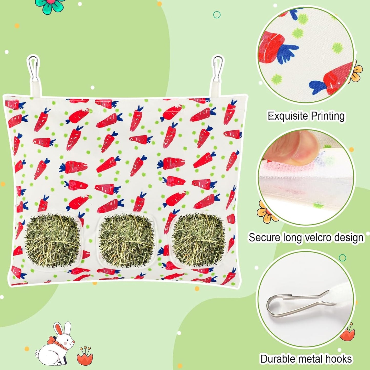 UPINS 2 Hay Bag for Rabbits 3-Hole Hanging Hay Feeder Guinea Pig Hay Bags, Hay Feeder for Rabbits Chinchillas Hamsters Small Pets and Animals