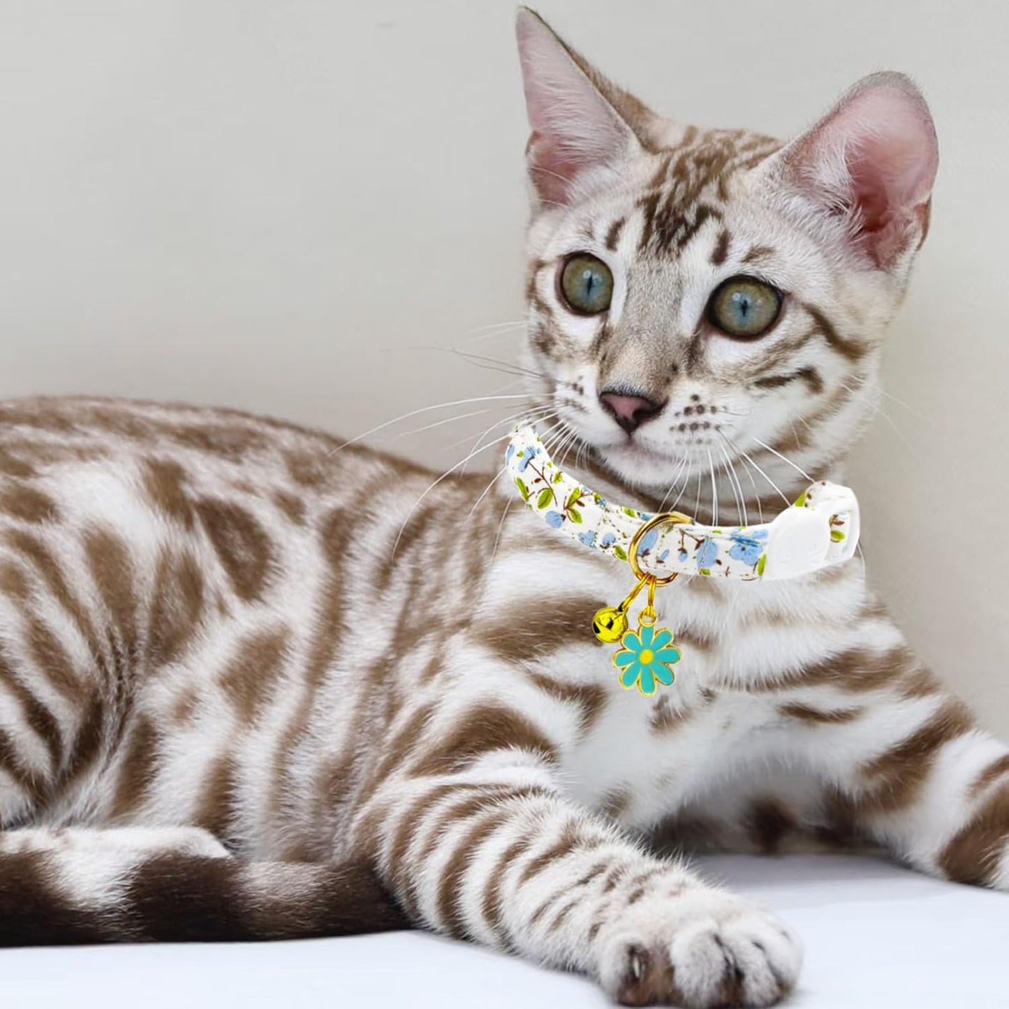 2 Pack Cotton Breakaway Cat Collars Set with Bell and Flower Pendant, Cute Floral Fruit Patterned, Adjustable 7.5-11Inch, Include A Mouse Toy Gift