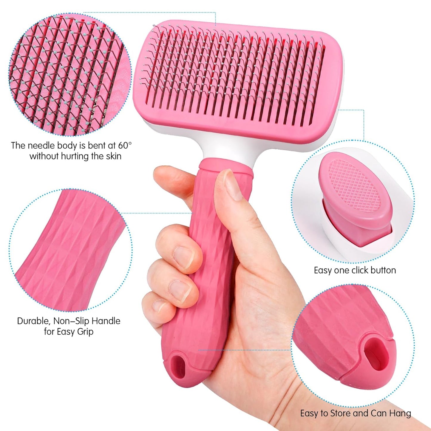 Dog & Cat Brush, Self Cleaning Slicker Brush for Pets, Upgraded Dog Brush for Shedding Massaging and Grooming, Removes Loose Undercoat & Portable Comb for Long Short Haired Dogs(Pink)