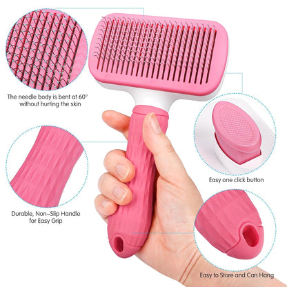 Dog & Cat Brush, Self Cleaning Slicker Brush for Pets, Upgraded Dog Brush for Shedding Massaging and Grooming, Removes Loose Undercoat & Portable Comb for Long Short Haired Dogs(Pink)