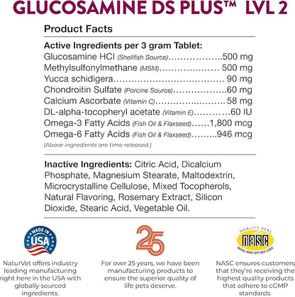 NaturVet Glucosamine DS Plus Level 2 Moderate Care Joint Support Supplement for Dogs and Cats, Chewable Tablets Time Release, Made in The USA, 240 Count