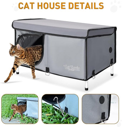 Outdoor Cat House Elevated,Insulated Feral Cat House Outdoor for Winter,Waterproof Cat Bed with Cozy Cushion(Grey, Large)