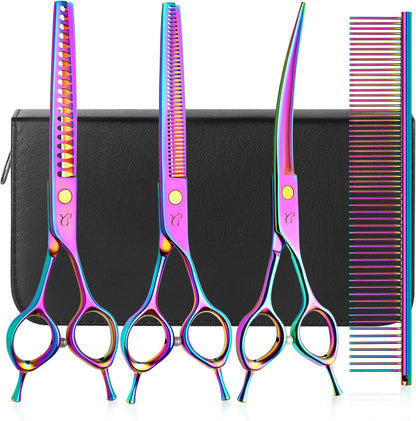 Dog Grooming Scissors, Professional 4 in 1 Dog Shears Set,Chunker Scissers,Curved Scissors,Thinning Shears and Comb for Cat Pet with Left Handed Deg Curved Shear