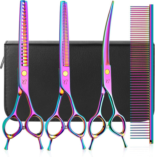 Dog Grooming Scissors, Professional 4 in 1 Dog Shears Set,Chunker Scissers,Curved Scissors,Thinning Shears and Comb for Cat Pet with Left Handed Deg Curved Shear