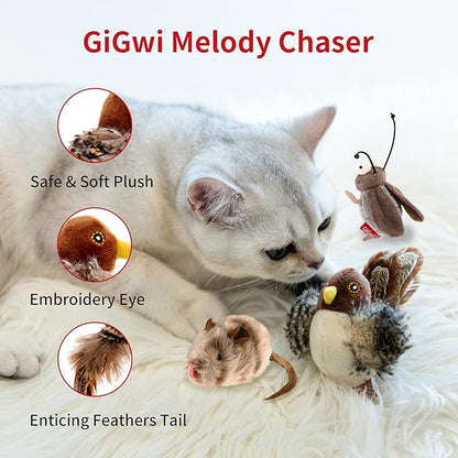 PETGEEK Gigwi Simulated Chirping Bird Cat Toy, Fake Interactive Cat Toys for Indoor Cats, Feather Toy with Hanging Loop for Bored Indoor Adult Kittens Interactive Play (Bird Mouse Cricket)