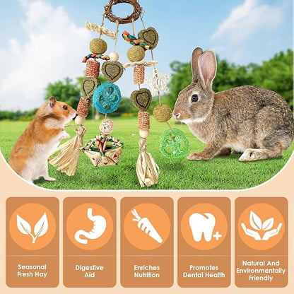 Bunny Chew Toy, Rabbits Cage Hanging Chew Toys and Treats Rattan Ring with Snacks Water Grass Wooden Block Carrot for Guinea Pigs Chinchillas Hamsters Rats and Other Small Pets Teeth Grinding