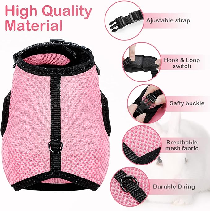 PETTOM Bunny Rabbit Harness with Stretchy Leash Cute Adjustable Buckle Breathable Mesh Vest for Kitten Small Pets Walking (Pink,XL)