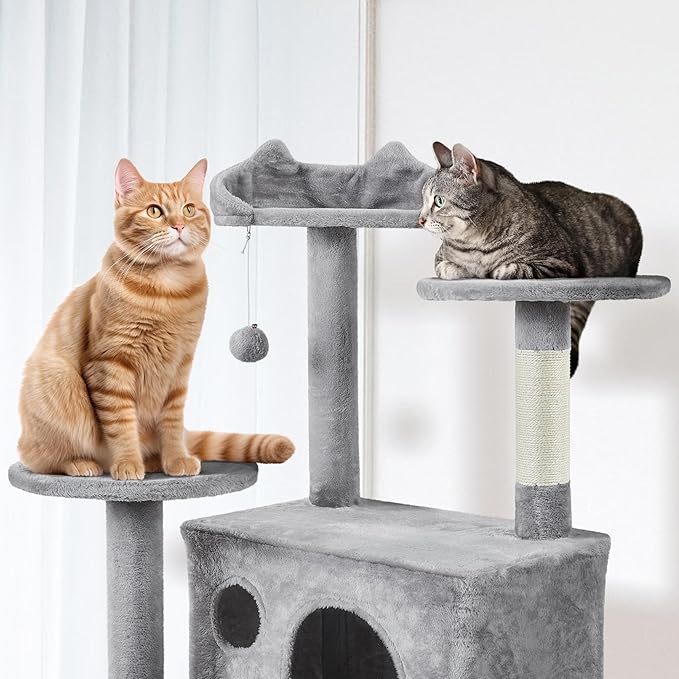 Yaheetech Tall Cat Tree, 80in Multi-Level Cat Tower with Scratching Posts, Double Caves, Perched Platforms and Dangling Balls, Pet Stand House for Kittens, Light Gray