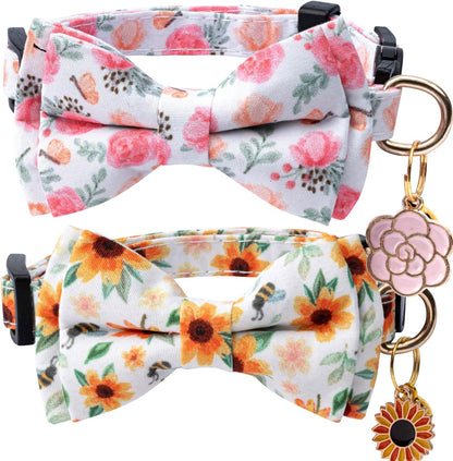 2 Pack Cotton Cat Collar with Bow Tie and Bell for Girl Boy Cats,Cute Pink Flower and Yellow Sunflower Pattern Spring Summer Breakaway Cat Collar for Male Female Cats (Flower&Sunflower)