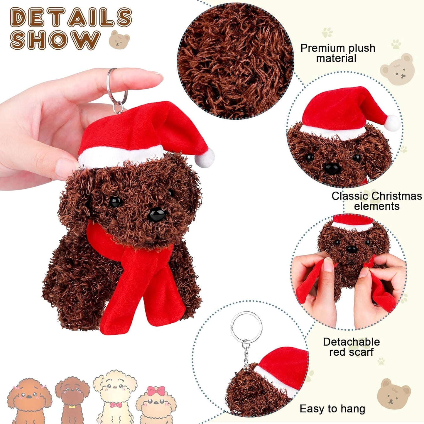 Fovths 16 Pieces 4.3 Inches Christmas Mini Plush Dogs Stuffed Animals with Santa Hat Scarf Keychain Cute Stuffed Puppy Toy Soft Stuffed Doll Goodie Bag Fillers for Christmas Party Favor, 4 Colors