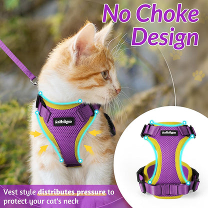 rabbitgoo Cat Harness and Leash for Walking, Escape Proof Soft Adjustable Vest Harnesses for Cats, Easy Control Breathable Reflective Strips Jacket, Purple&Yellow, M