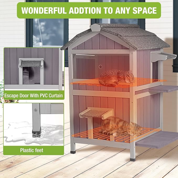 GUTINNEEN Outdoor Heated Cat House, 2-Story Weatherproof Feral Cat Shelter with Escape Doors, Removable Pad & Heating Mat for Winter(AIR94-Heated)