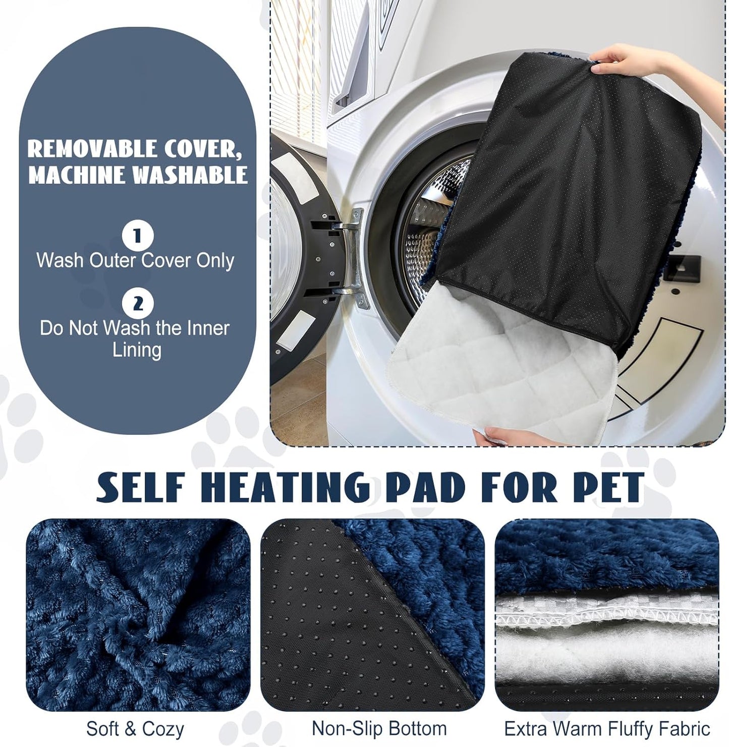 4 Pcs Self Heating Cat Pad Self Warming Cat Bed Dog Heating Pad Washable Thermal Pet Mat for Indoor Outdoor Pet 16 x 20 Inch Removable Non Slip(Navy Blue)
