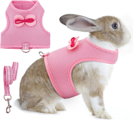 AIITLE Adjustable Rabbit Harness with Cute Bow - Breathable Vest, Anti-Escape Buckles, Reflective Leash for Training, Parties - Fits Rabbits, Hamsters, Mini Pets Pink L