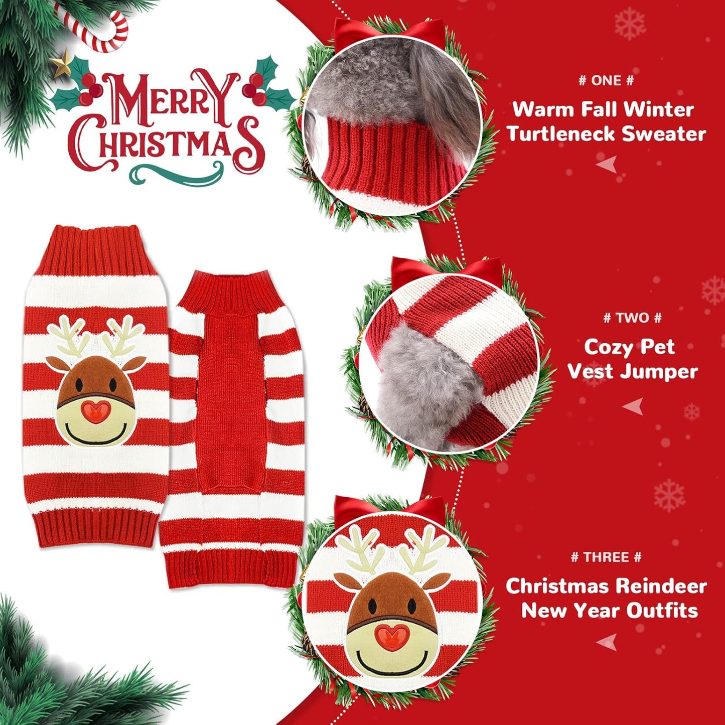 PETCARE Reindeer Christmas Dog Sweater Red Striped Cat Sweater Cartoon Elk Pet Vest Holiday Dog Clothes Puppy Sweaters for Small Medium Large Dogs Cats Fall Winter Outfits Xmas Dogs Costume,Large