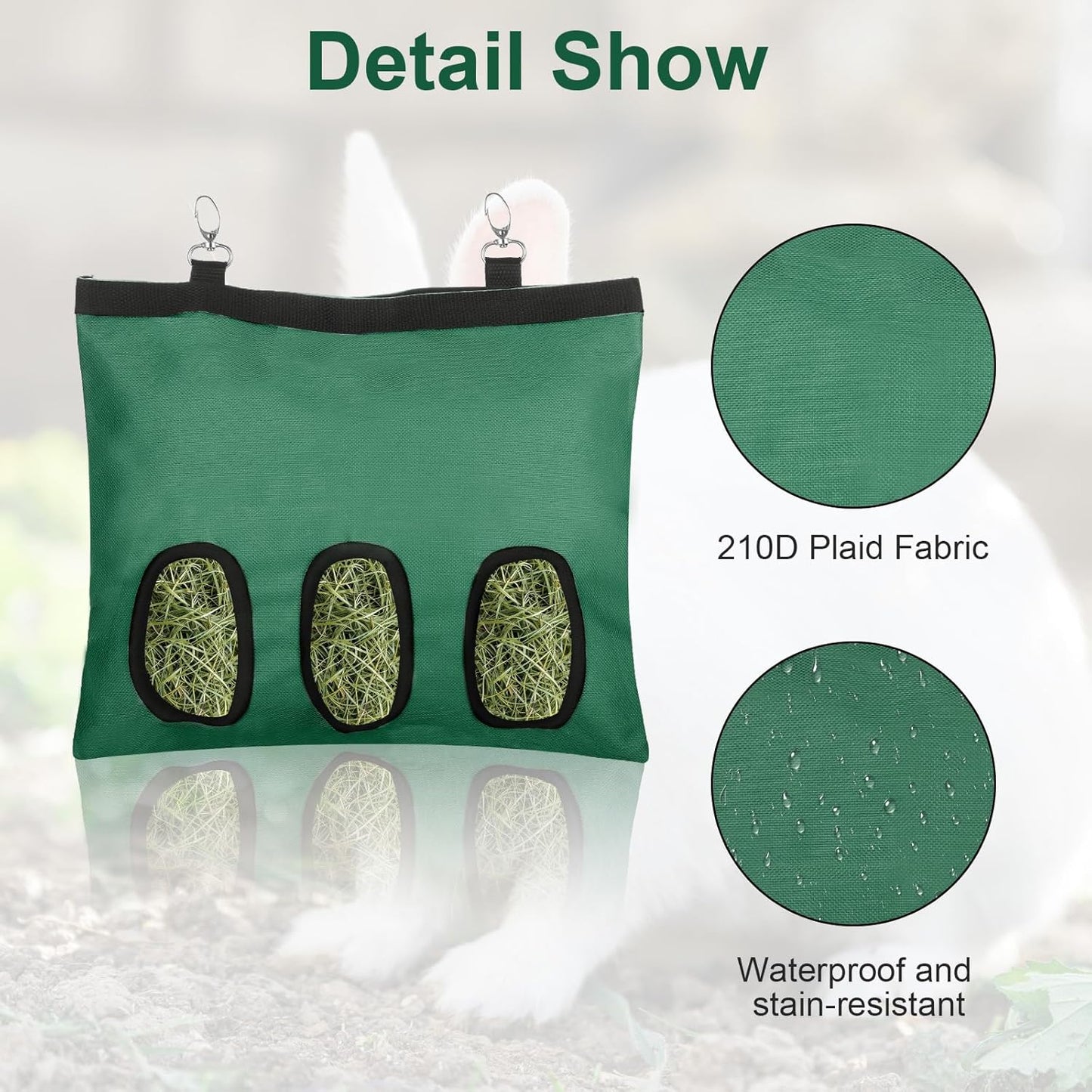 2 Pcs Rabbit Hay Feeder,Guinea Pig Hay Feeder,13×10.8 Inch Guinea Pig Bag,Small Animal Feeding Bag for Rabbits, Hamsters, Hedgehogs(3 Holes,Green)