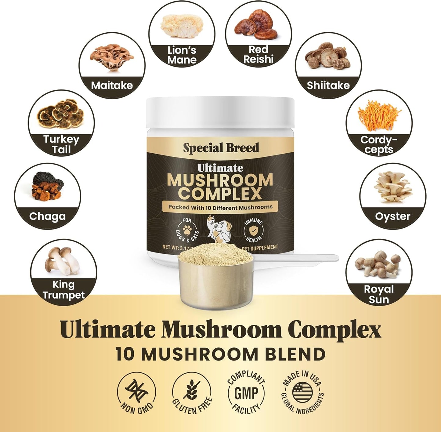 Mushroom Powder for Dogs & Cats - Organic Mushroom Complex for Immune Support, Cognition, Vitality - Ten Mushroom Supplement with Turkey Tail, Lion's Mane, Reishi - 180 Scoops