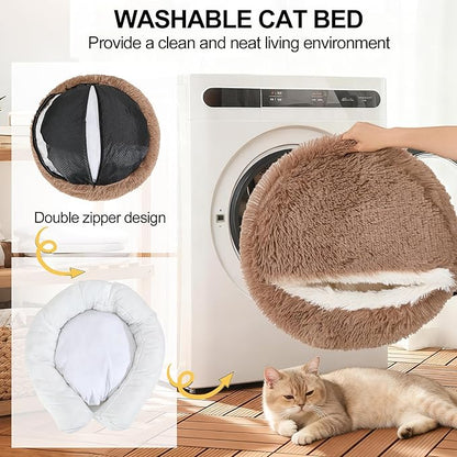 Calming Dog Beds & Cat Cave Bed with Hooded Cover,Removable Washable Round Beds for Small Medium Pets,Anti-Slip Faux Fur Fluffy Coved Bed for Improved Sleep,Fits up to 15/25 lbs(Khaki,S)