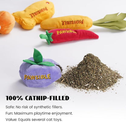 5 Pack Catnip Toys for Indoor Cats - 100% Organic Catnip Filled, No Cotton, Durable Teething Kicker Toys for Kittens, Food-Shaped Plush Chew Toys
