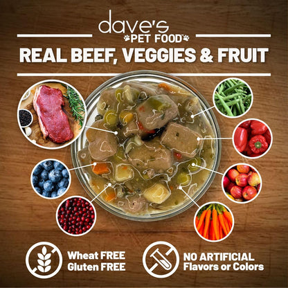 Dave's Pet Food Stewlicious Soft Dog Food Wet (Meaty Beef Stew), Made in USA Canned Topper, Gluten Free, Small to Large Breeds 13.2 oz (12 Pack)