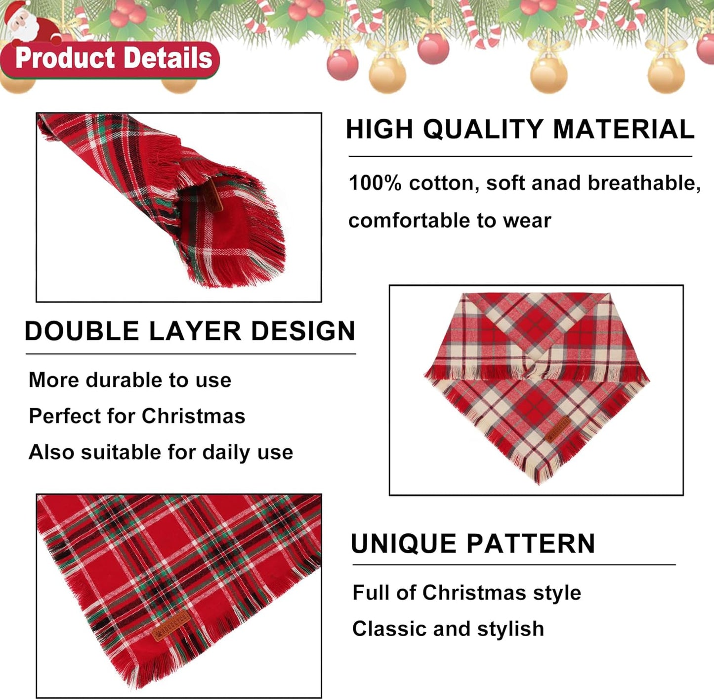 ADOGGYGO Christmas Dog Bandanas with Tassels, Stylish Plaid Xmas Puppy Scarf Bib, Soft Cotton Fabric, Red Plaid Christmas Bandanas for Small Dogs (Small)