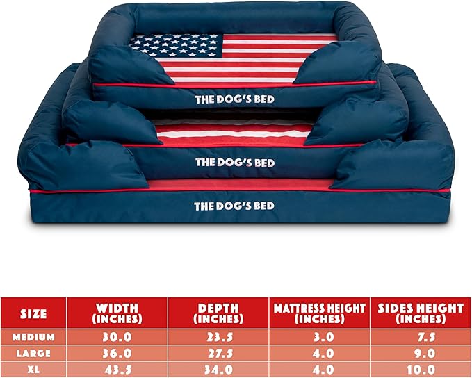 The Dog’s Bed, Large Blue Oxford with Red Trim, USA Flag Dog Bed with Central Flag Memory Foam, Pain Relief: Arthritis, Post Surgery, Waterproof Washable Cover