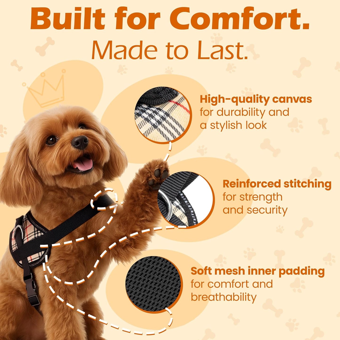 Bark Appeal Tan Plaid No-Pull Dog Harness for Small to Medium Sized Pets – Adjustable, Reflective Vest with 3 Leash Clips for Added Control, Easy Walks & Training – Medium