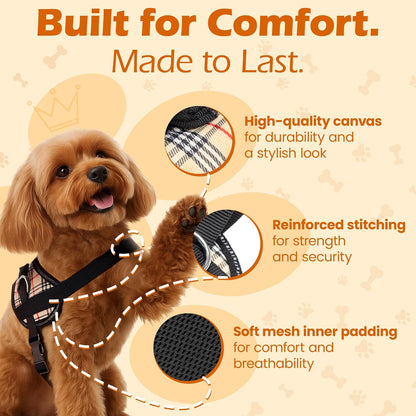 Bark Appeal Tan Plaid No-Pull Dog Harness for Extra Small to Small Sized Pets – Adjustable, Reflective Vest with 3 Leash Clips for Added Control, Easy Walks & Training – Small