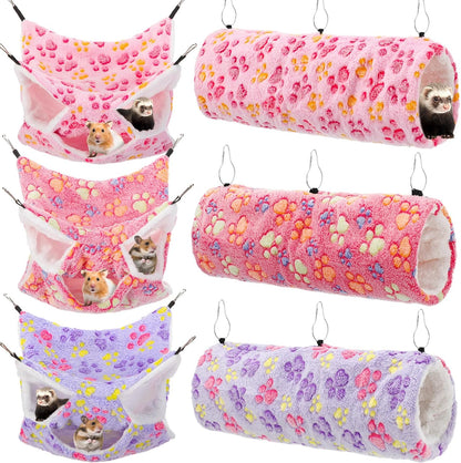 Sweetude 6 Pcs Rat Hammock Set Ferret Hanging Tunnel 3 Tier Guinea Pig Hammocks Hideout Soft Chinchilla Bed for Cage Accessories Hide,Play and Sleep(Dreamy,Paw)