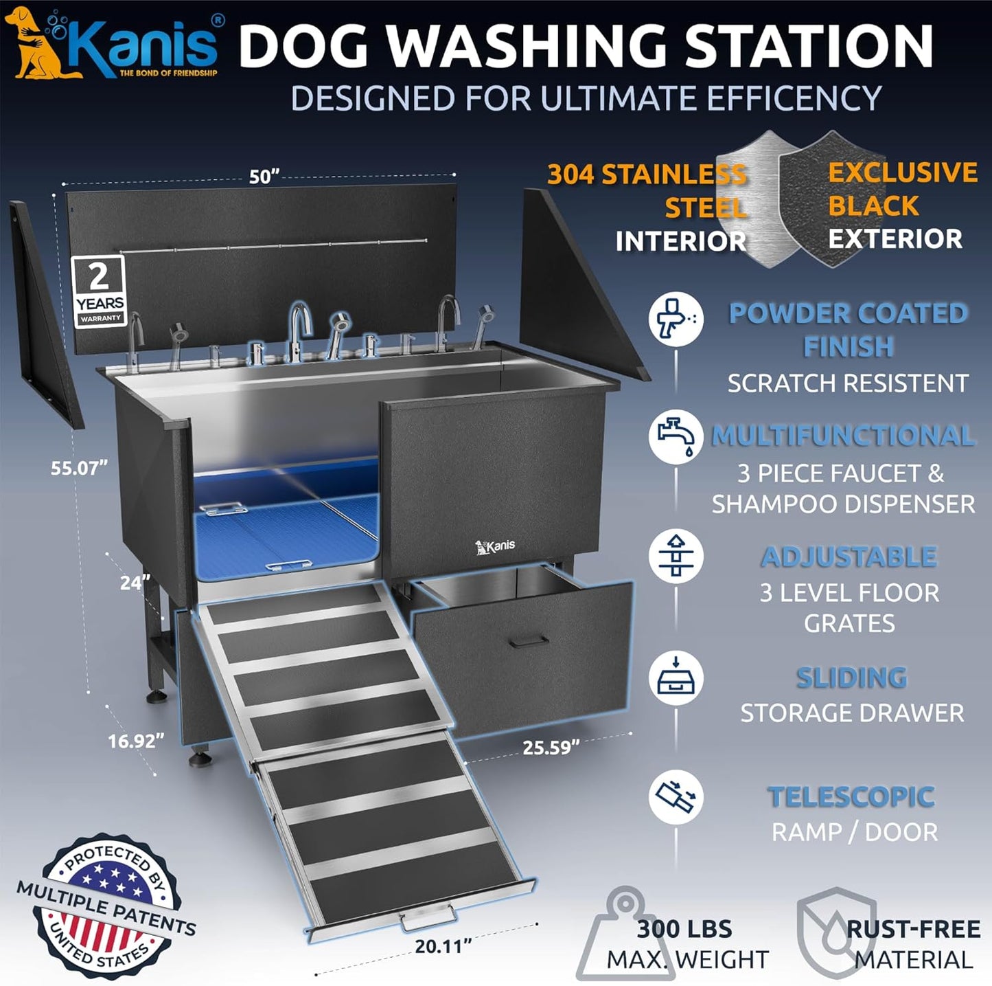 KANIS Black Line Professional Dog Washing Station - 304 Stainless Steel Pet Wash Sink & Grooming Bathtub w/Shower, Floor Grates and Storage for Large, Medium & Small Pets (50", 2 Drawers - Left Ramp)