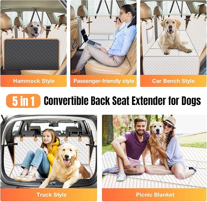 Dog Car Seat Cover for Back Seat, Dog Car Bed Cover with Strong Hard Bottom, Back Seat Extender Hammock for Cars SUV Truck 4 Panels Beige Color