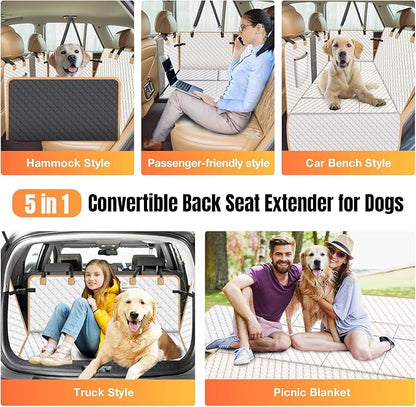 Dog Car Seat Cover for Back Seat, Dog Car Bed Cover with Strong Hard Bottom, Back Seat Extender Hammock for Cars SUV Truck 4 Panels Beige Color