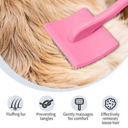Pet Slicker Brush for Long & Short Hair - Detangling Tool for Dogs & Cats - 135° Angled Stainless Steel Pins, Curved Handle - Gentle Grooming for Small/Medium/Large Breeds (Pink)