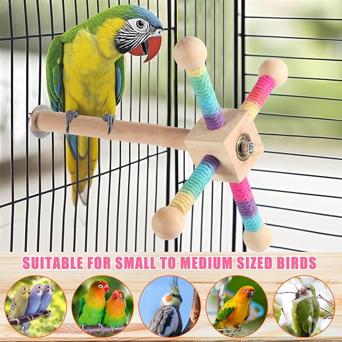 Kyouki Bird Perch Toy Parakeets Toy for Small & Medium Parrots - 360° Spinning Stand for Conures, Cockatiels, Lovebirds,Quakers | Colorful Sisal Rope Spinning Toy (Colorful, Medium Size)