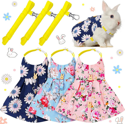 3 Sets Rabbit Bunny Harness and Leash, Cute Easter Bunny Clothes for Rabbits Dress Costume Walking Harness Escape Proof Pet Supply for Hedgehog Ferret Squirrel(Pink Flower, Blue Flower, Daisy)