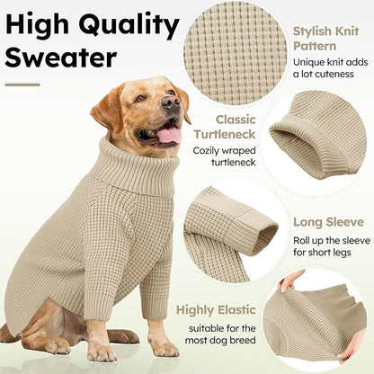 Queenmore Dog Sweater for Large Breeds, Long Sleeve Warm Dog Sweaters, Turtleneck Knitted Pullover Pet Clothes, XL Dog KintSweater, Cat Knitwear, Apricot XL