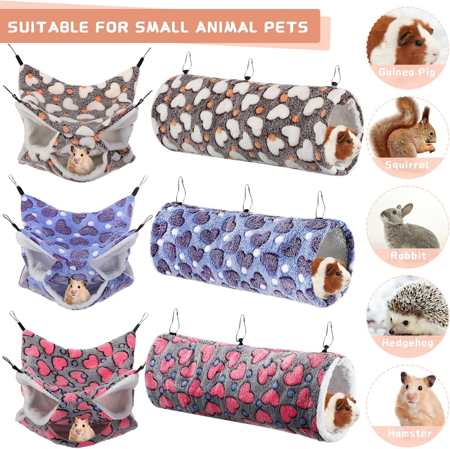 Sweetude 6 Pcs Rat Hammock Set Ferret Hanging Tunnel 3 Tier Guinea Pig Hammocks Hideout Soft Chinchilla Bed for Cage Accessories Hide,Play and Sleep(Cute,Heart)