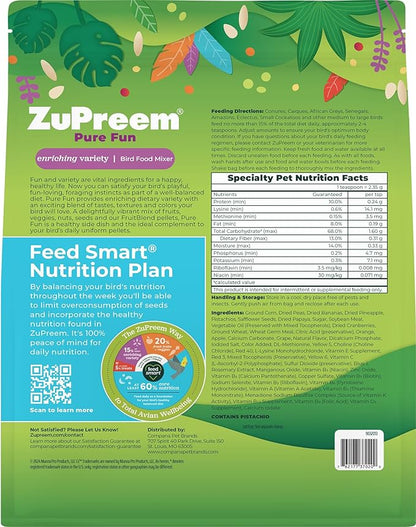 ZuPreem Pure Fun Bird Food, Parrot, Conure, Caique, African Grey, Eclectus, Small Cockatoo, Seed and Pellet Blend for Medium Large Birds, Bird Food Mixer Topper, Enriching Variety (ML, 2 lbs)