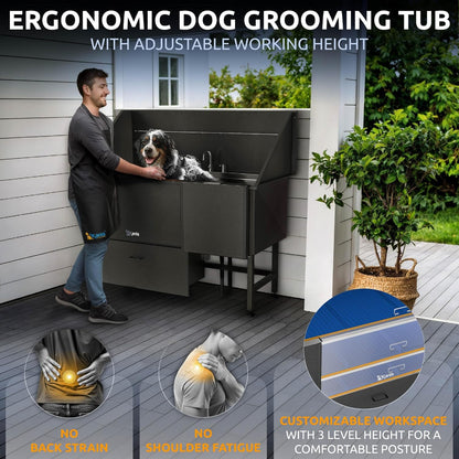 KANIS Black Line Professional Dog Washing Station - 304 Stainless Steel Pet Wash Sink & Grooming Bathtub w/Shower, Floor Grates and Storage for Large, Medium & Small Pets (61", 1 Drawers - Right Ramp)