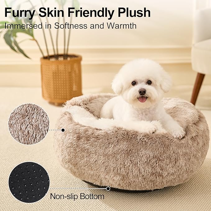 Calming Dog Beds & Cat Cave Bed with Hooded Cover,Removable Washable Round Beds for Small Medium Pets,Anti-Slip Faux Fur Fluffy Coved Bed for Improved Sleep,Fits up to 15/25 lbs(Medium,24"x24")